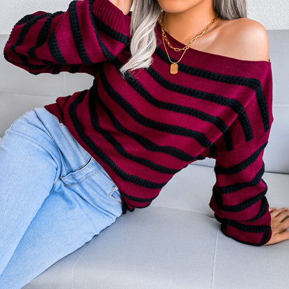 Women's straight neck off shoulder casual loose stripe knitted sweater