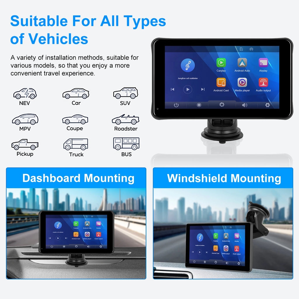 Podofo Portable Carplay/Android Auto 7 Inch HD Screen Car Monitor AirPlay Android Cast BT Music FM Transmitter Dropshipping