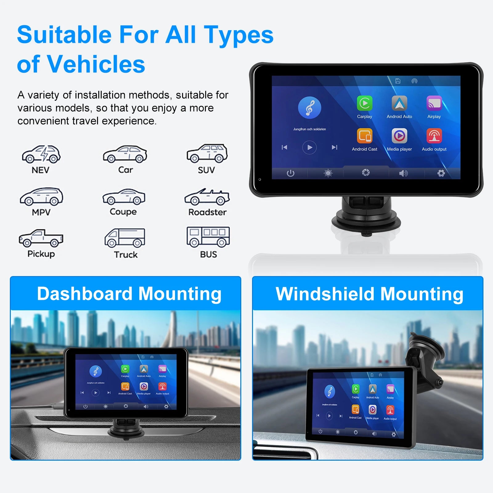 Podofo Portable Carplay/Android Auto 7 Inch HD Screen Car Monitor AirPlay Android Cast BT Music FM Transmitter Dropshipping