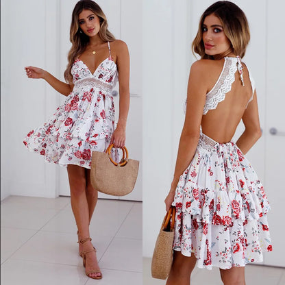 Summer Midi Sexy Lace Halter Waist Harness Dress Women Sleeveless Deep v Dress Beach Mini Dress Vestido Sundress Clothes