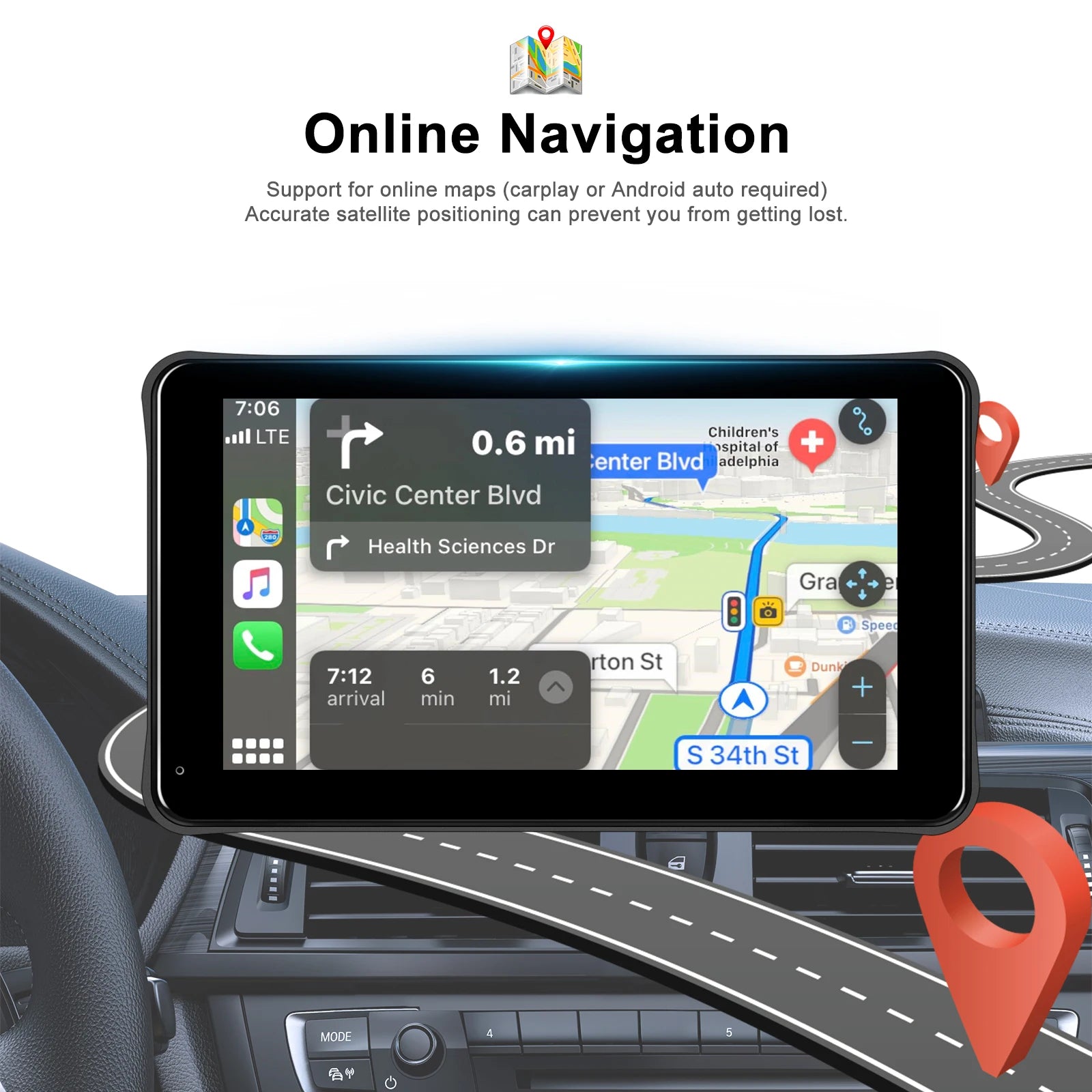 Podofo Portable Carplay/Android Auto 7 Inch HD Screen Car Monitor AirPlay Android Cast BT Music FM Transmitter Dropshipping