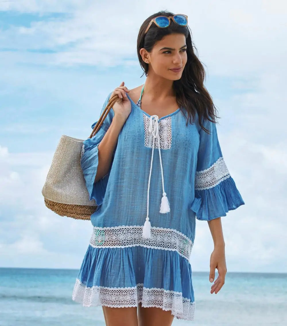 Summer Beach Cover up Dress 100% Cotton Women Sexy Hollow Out See Through Kaftan Beach Wear Sundress