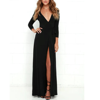 2025 Elegant Casual Simple Dress for Women Long Sleeve V-Neck Solid Color for Beach Club Digital Printing Shipping by Sea