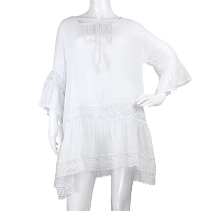 Summer Beach Cover up Dress 100% Cotton Women Sexy Hollow Out See Through Kaftan Beach Wear Sundress