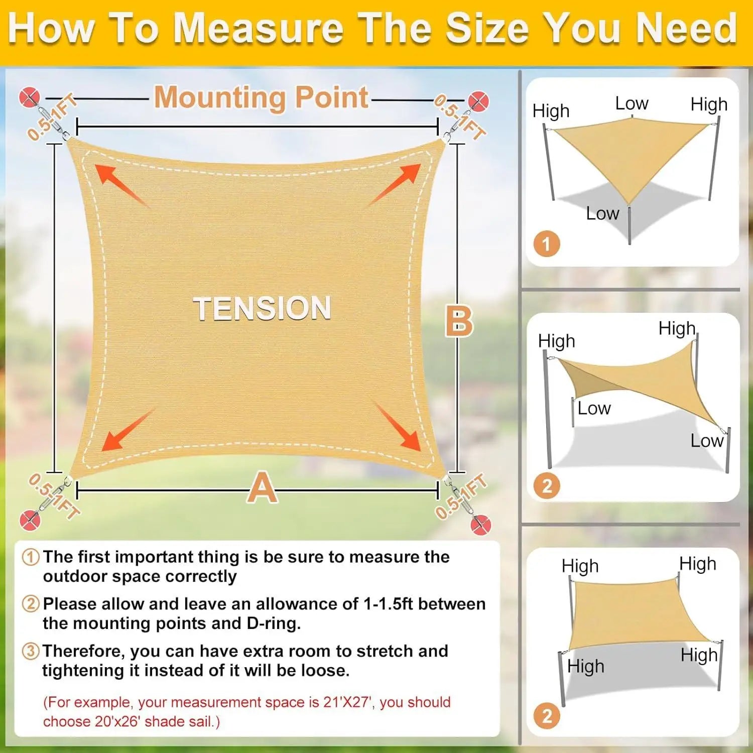 Sun Shade Sail Sand Rectangle UV Block Canopy Awning Shelter Fabric Cloth for Outdoor Patio, Garden, Pool, and BBQ Areas
