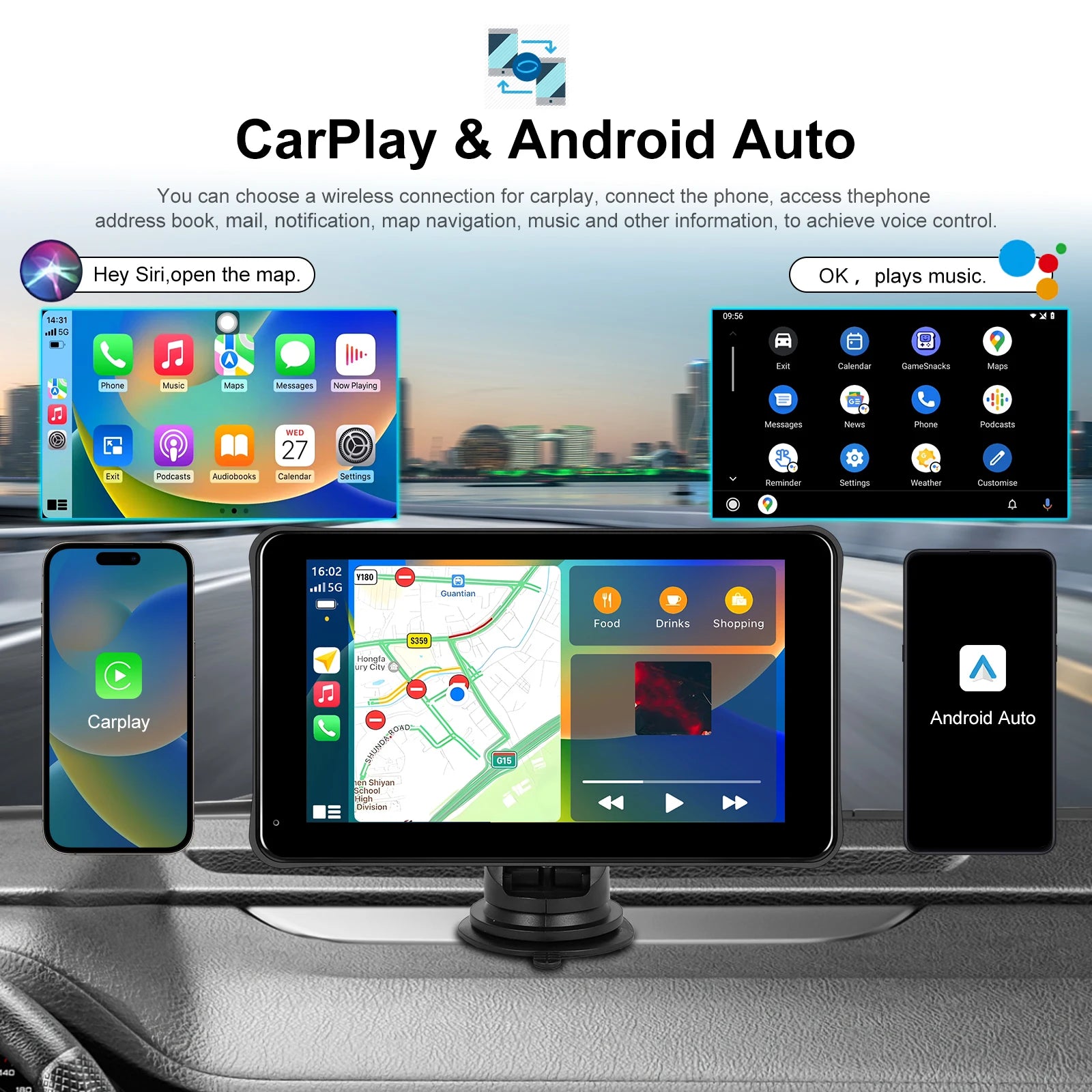 Podofo Portable Carplay/Android Auto 7 Inch HD Screen Car Monitor AirPlay Android Cast BT Music FM Transmitter Dropshipping