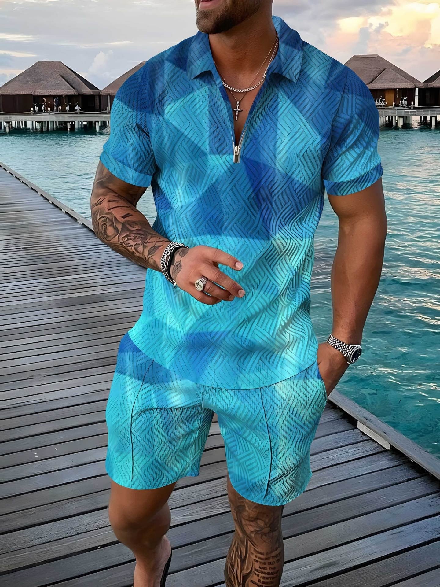 Cross-border Summer Foreign Trade Fashion Zipper Polo Shirt Suit Men&#039;s Casual 3D Printed Polo Shirt Beach Pants Suit