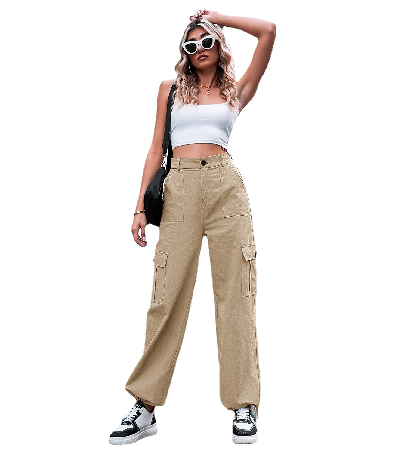 Summer New Casual Pants Womens Button High Waist Wide Leg Cargo Pants Womens Pants
