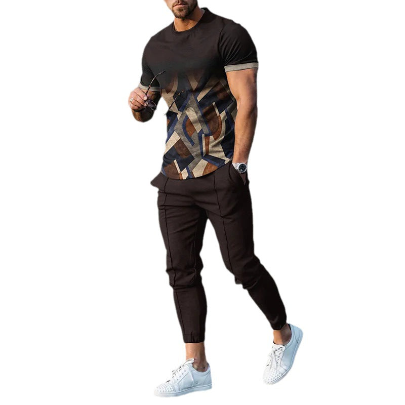 Men's Colorful Stitching Casual Sports Suit Summer Trousers Trendy Four-sided Outfit Set