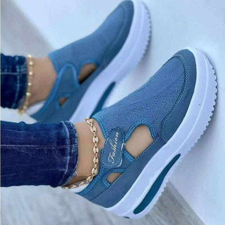 NEW STYLE FASHION SHOES Women's Large Size Fly-woven Breathable Casual Single-layer Shoes Wedge Heel Thick-soled Hollow Velcro Round Toe Low-top Womens Single-layer Shoes