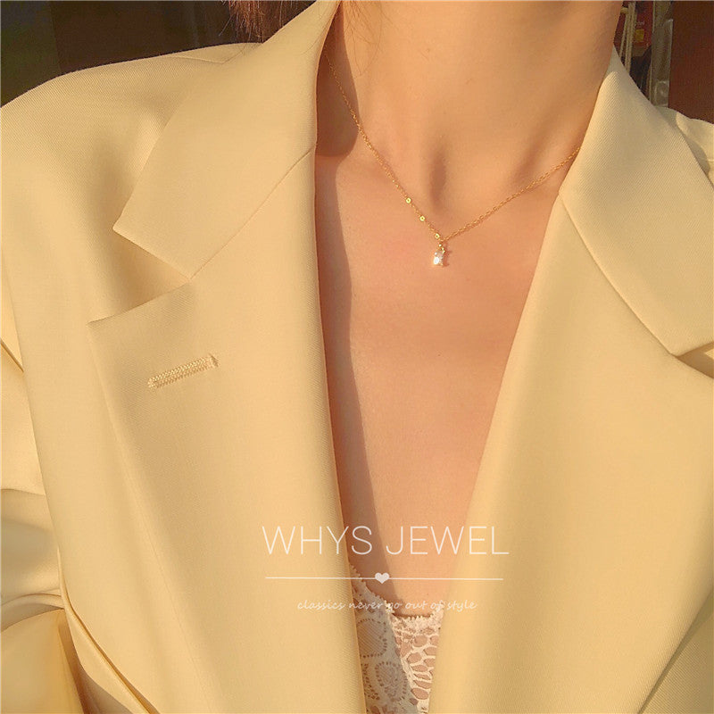 French Elegant 925 Silver K Gold Plated Small Square Diamond Necklace Women&#039;s Light Luxury Temperament Design Super Flash Clavicle Chain Necklace Women