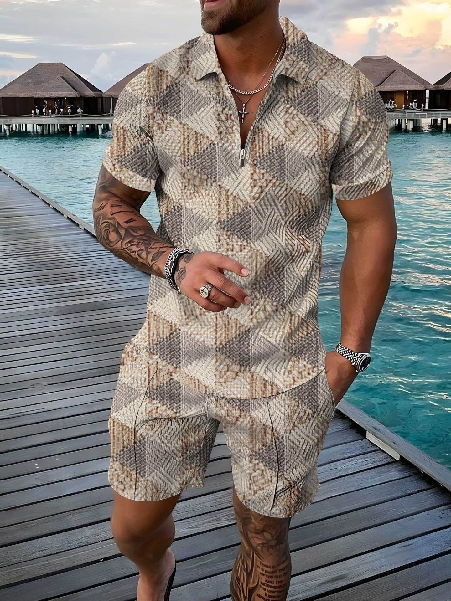 Cross-border Summer Foreign Trade Fashion Zipper Polo Shirt Suit Men&#039;s Casual 3D Printed Polo Shirt Beach Pants Suit