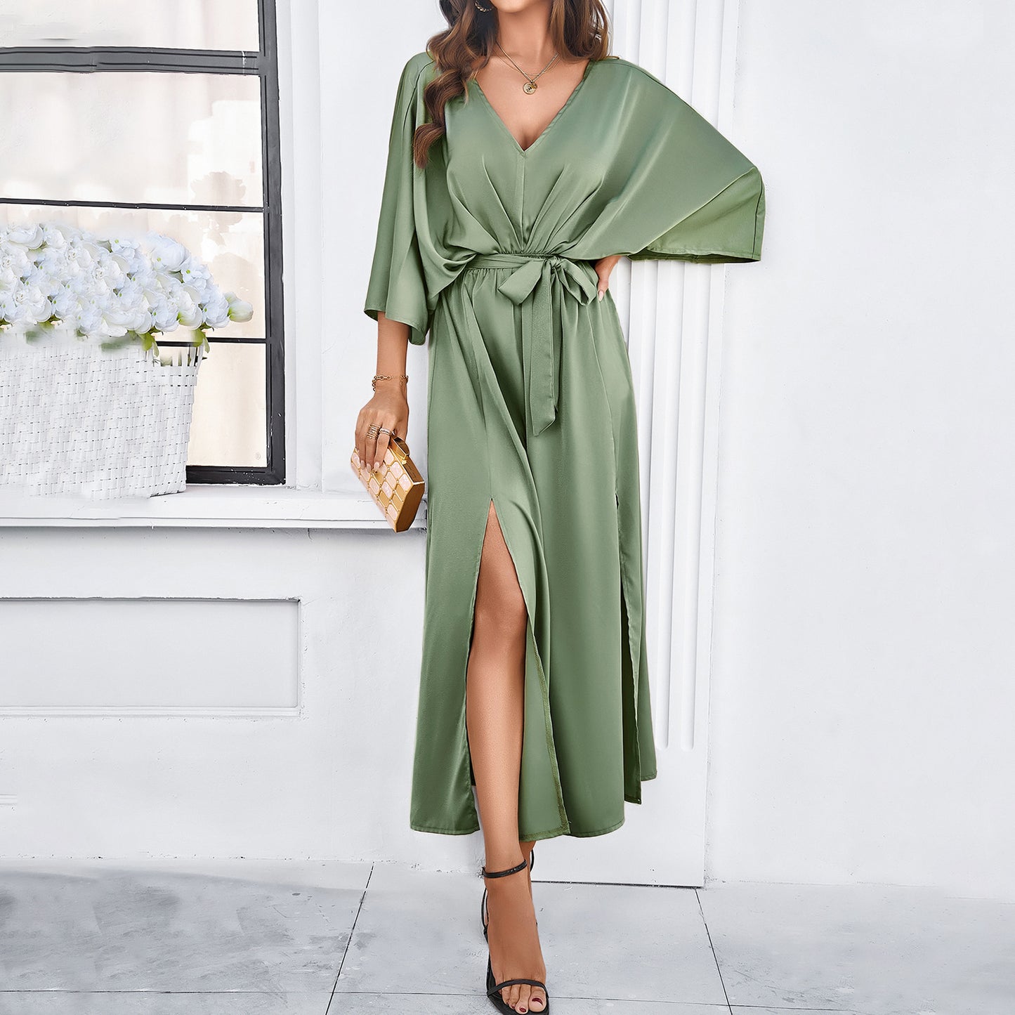 Women's Dress European And American Clothing New Spring And Summer Line Women's Temperament Elegant V-neck Loose Dress