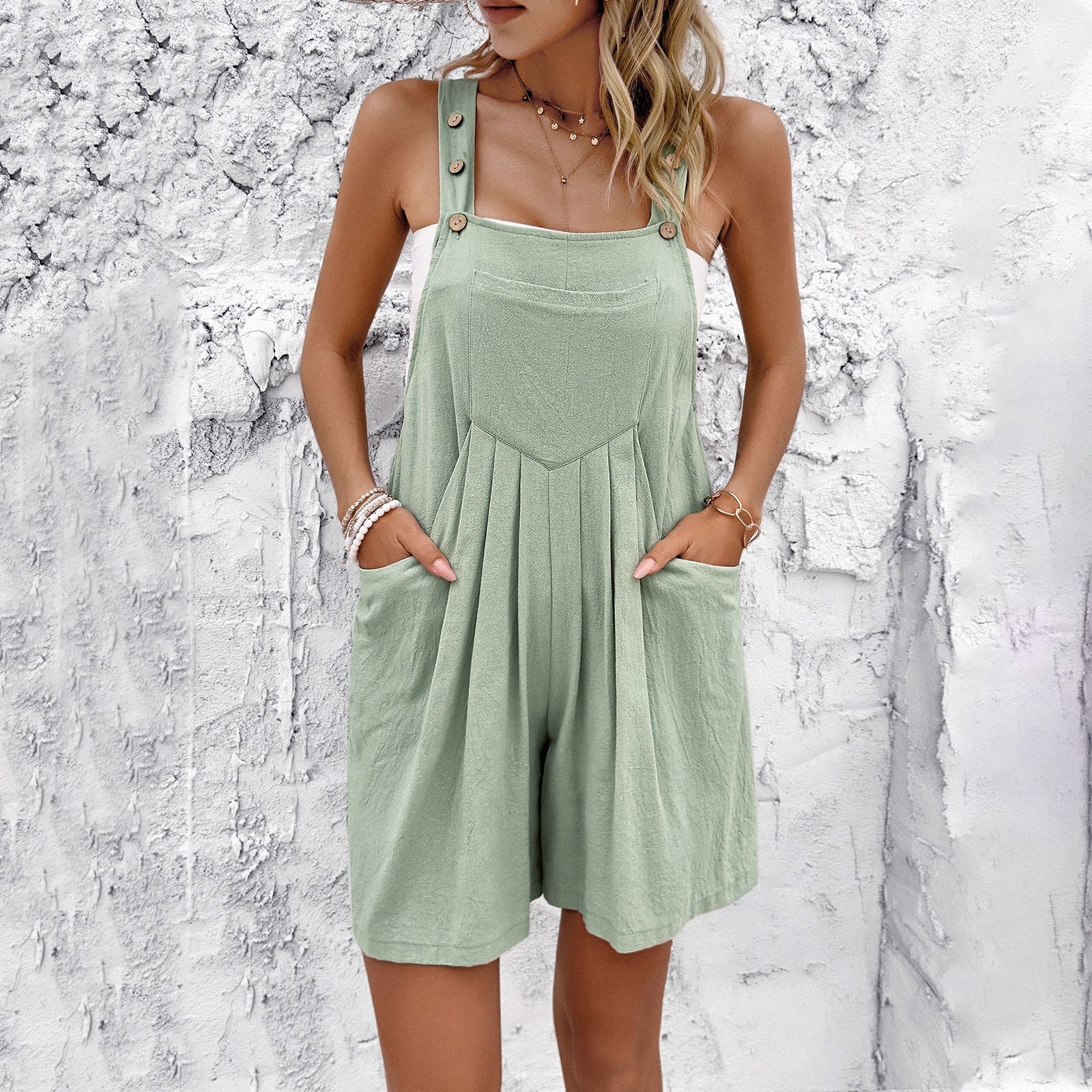 NEW Spring And Summer Line Women's Casual Temperament Solid Color Suspender Overall Shorts