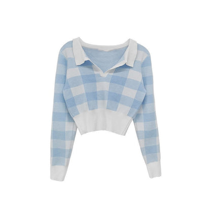 Plaid Sweater Womens Autumn Retro Slim-fit POLO Collar Bottoming Shirt Short Waist-tight Navel Top