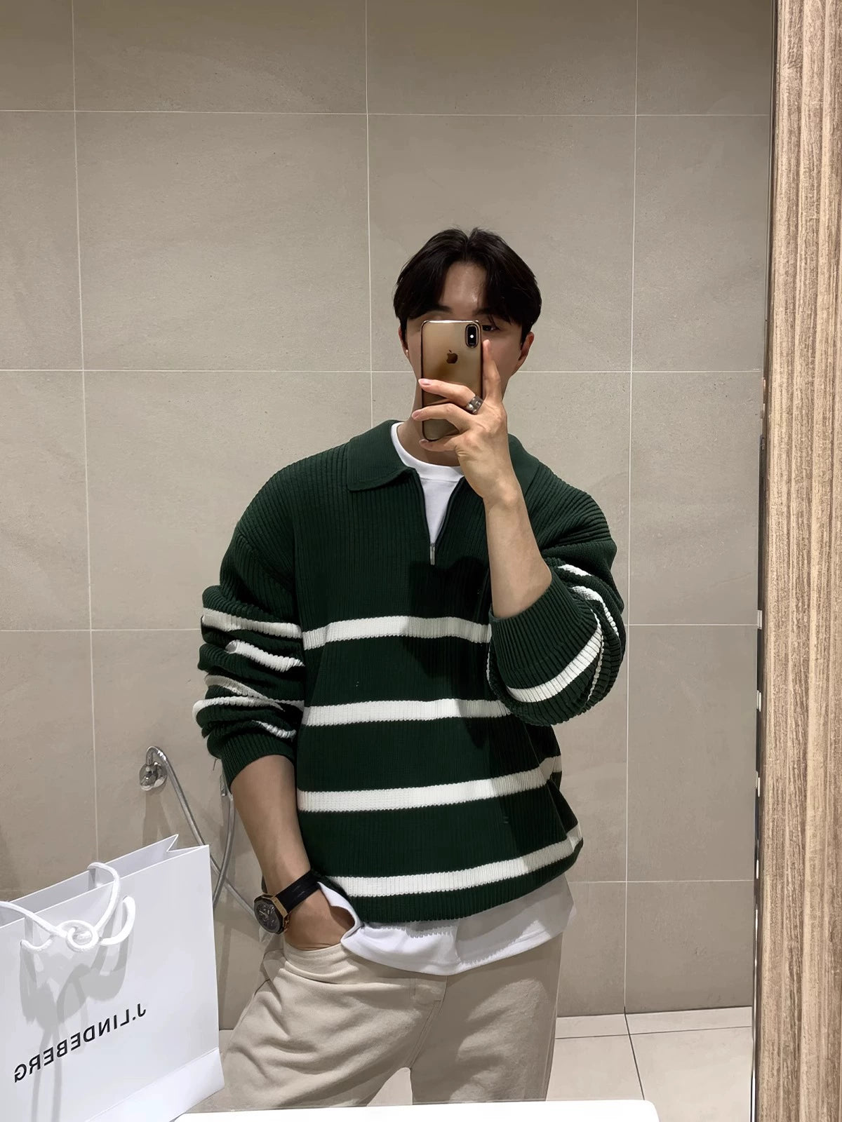 Green Striped Lapel Sweater Men&#039;s American High Street Half-zip Design Pullover Sweater Early Autumn Design Top