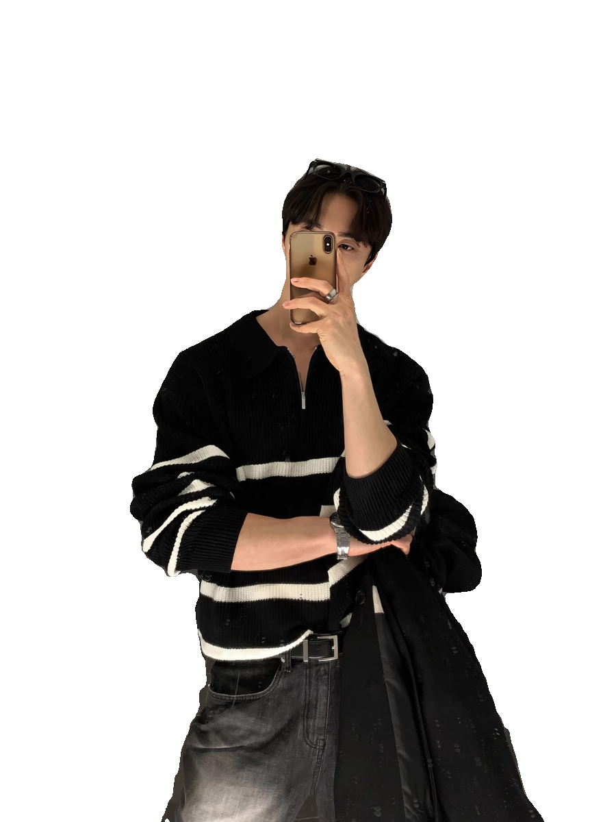 Green Striped Lapel Sweater Men&#039;s American High Street Half-zip Design Pullover Sweater Early Autumn Design Top