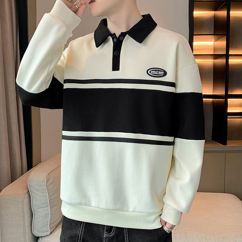 Mens Top New Mens Sweater Versatile Student Long-sleeved T-shirt Lapel Polo Shirt Sweater