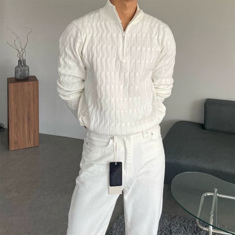 Half Turtleneck Zipper Sweater For Men, High-end Lazy Pullover Long-sleeved Sweater, Fashionable And Versatile White Jacket