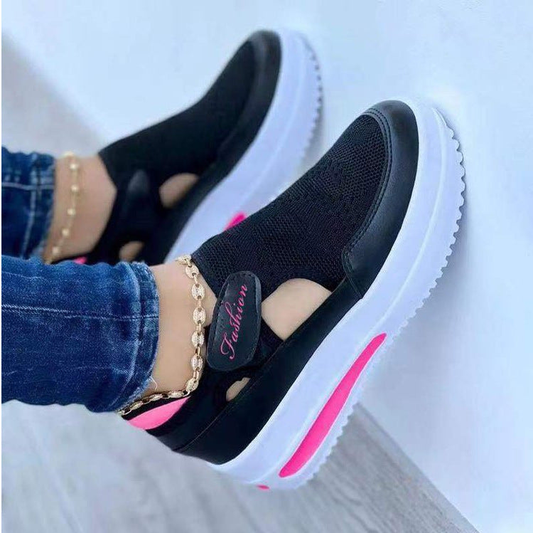 NEW STYLE FASHION SHOES Women's Large Size Fly-woven Breathable Casual Single-layer Shoes Wedge Heel Thick-soled Hollow Velcro Round Toe Low-top Womens Single-layer Shoes