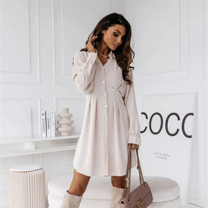 New European And American Popular Women's Clothing Solid Color Shirt Collar Waist-tight Sexy Dress