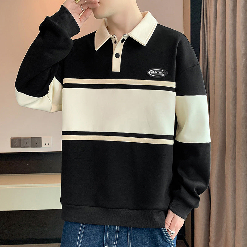 Mens Top New Mens Sweater Versatile Student Long-sleeved T-shirt Lapel Polo Shirt Sweater