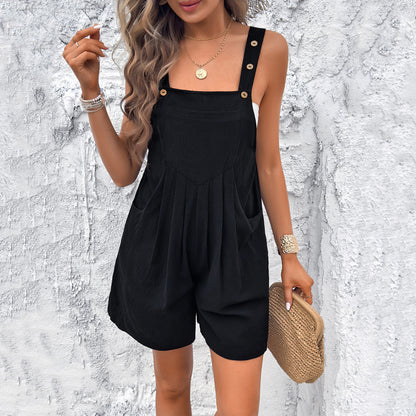 NEW Spring And Summer Line Women's Casual Temperament Solid Color Suspender Overall Shorts