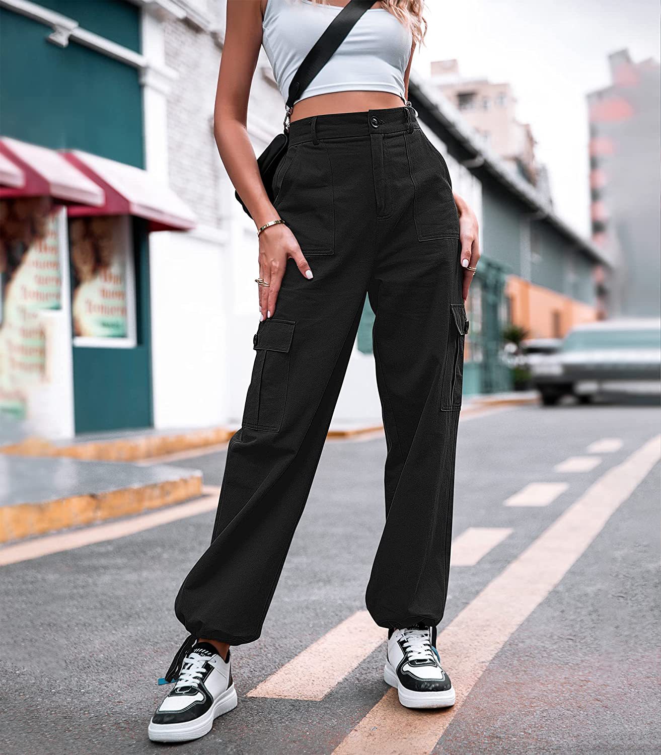 Summer New Casual Pants Womens Button High Waist Wide Leg Cargo Pants Womens Pants
