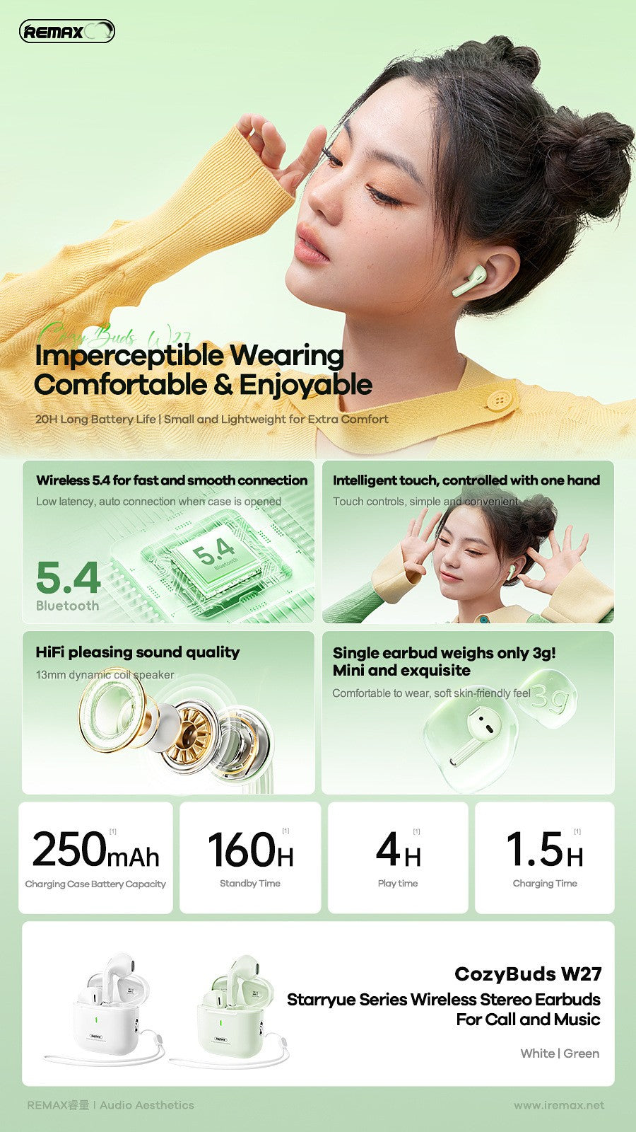 REAMX Star Moon Wireless Bluetooth 5.4 Stereo Music Call HIFI High-Fidelity Touch Mini Headset W27