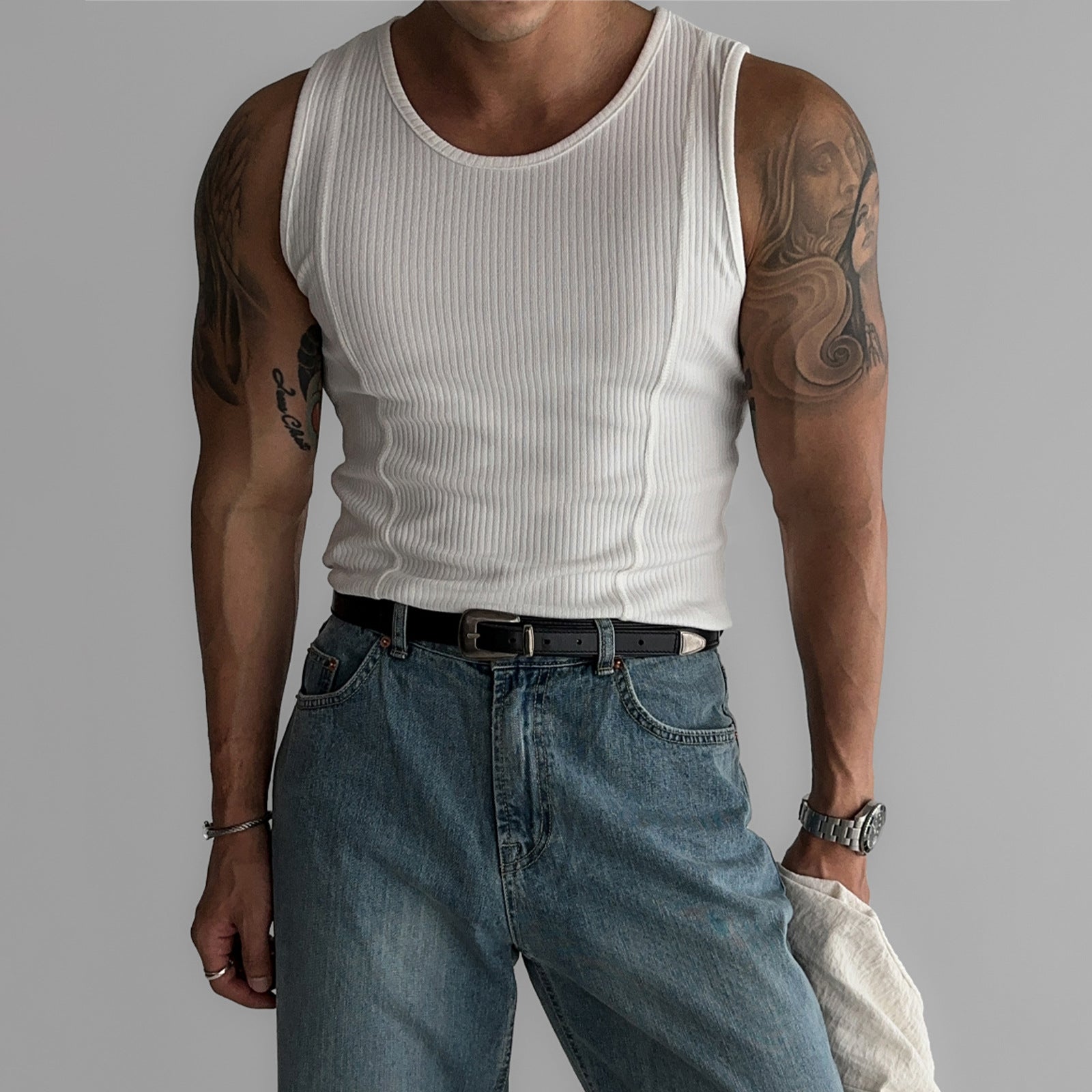 Striped Thread American Style High Elastic Tight Sports Vest Men's Summer Running Quick-drying Fitness Sleeveless Top
