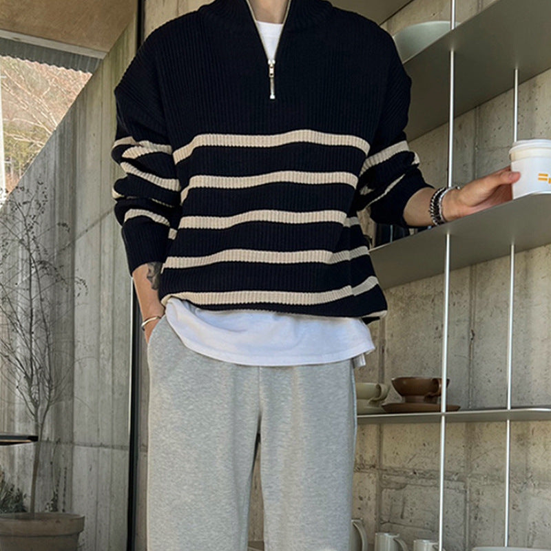 Fashion & Style Men's Thickened Striped Sweater Trendy Loose Pullover Woolen Sweater Top