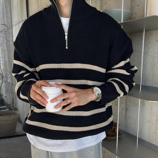Fashion & Style Men's Thickened Striped Sweater Trendy Loose Pullover Woolen Sweater Top