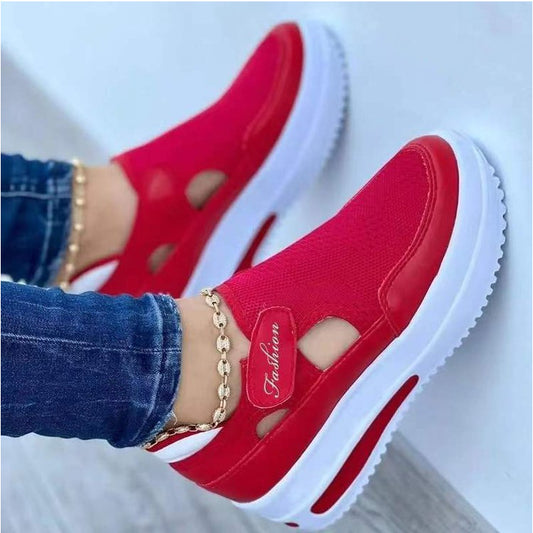 NEW STYLE FASHION SHOES Women's Large Size Fly-woven Breathable Casual Single-layer Shoes Wedge Heel Thick-soled Hollow Velcro Round Toe Low-top Womens Single-layer Shoes