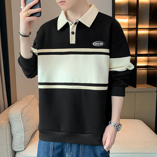 Mens Top New Mens Sweater Versatile Student Long-sleeved T-shirt Lapel Polo Shirt Sweater