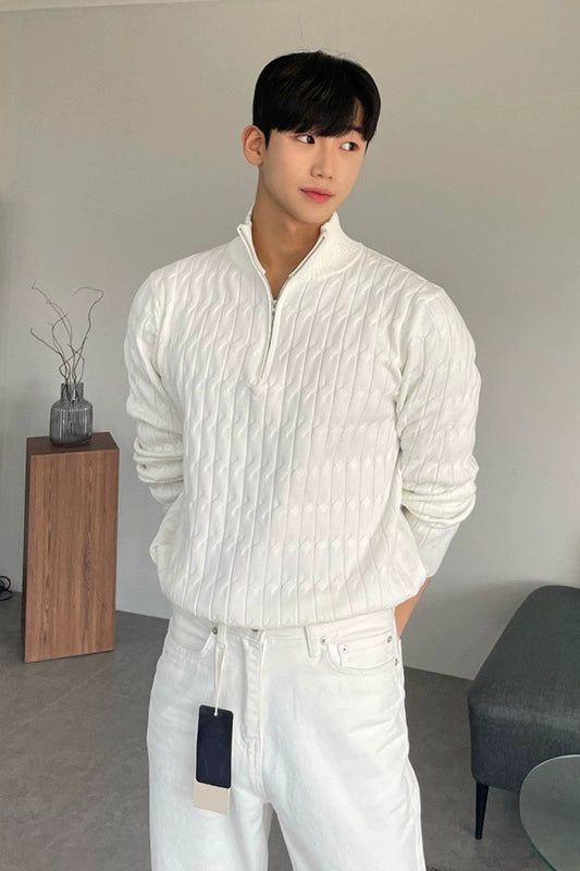 Half Turtleneck Zipper Sweater For Men, High-end Lazy Pullover Long-sleeved Sweater, Fashionable And Versatile White Jacket