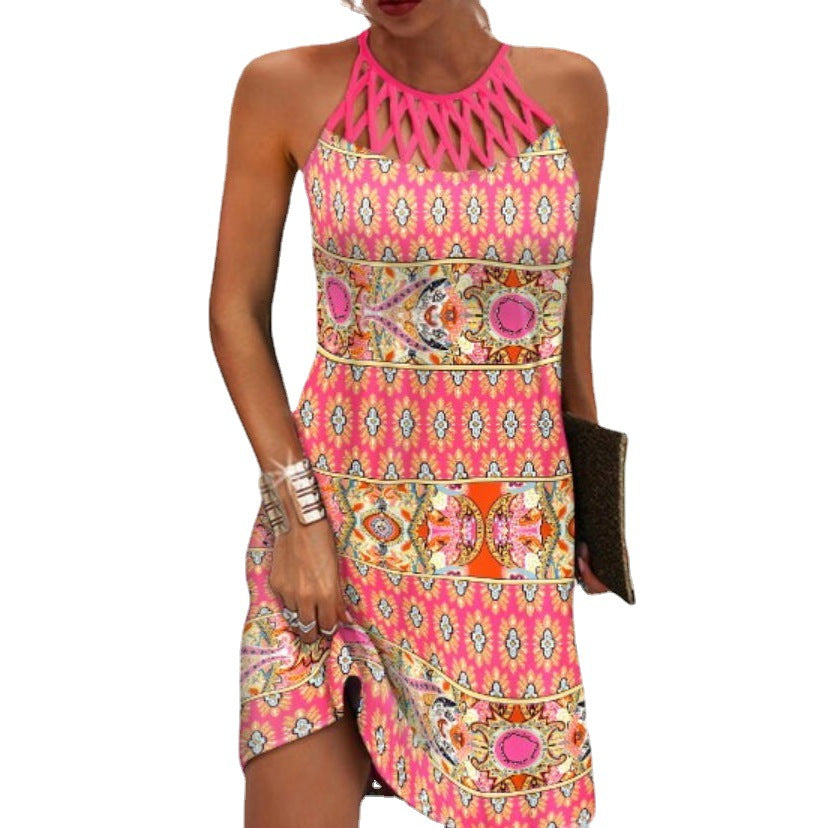 New Women's European And American Spring And Summer Round Neck Retro Hollow Collar Slim Sleeveless Halter Print Dress