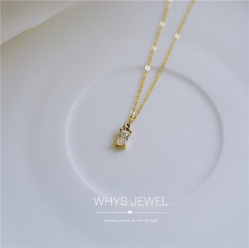 French Elegant 925 Silver K Gold Plated Small Square Diamond Necklace Women&#039;s Light Luxury Temperament Design Super Flash Clavicle Chain Necklace Women