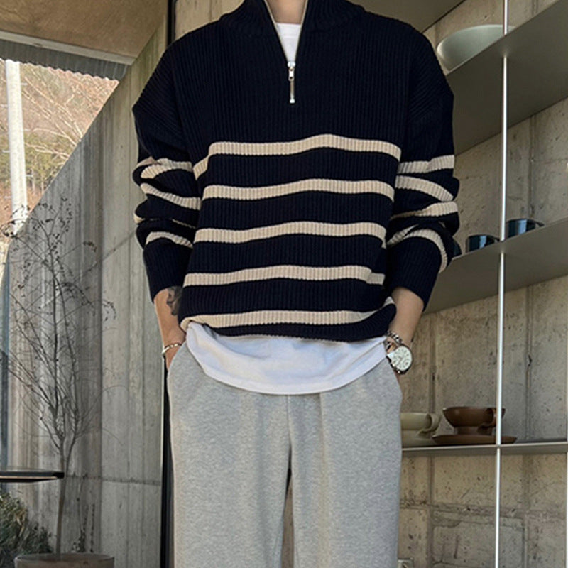 Fashion & Style Men's Thickened Striped Sweater Trendy Loose Pullover Woolen Sweater Top