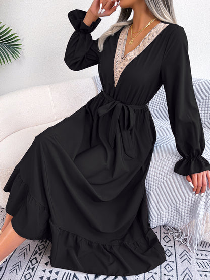 Ins Style Real Shot Spring And Summer European And American Temperament V-Neck Lace Waisted Ruffled Dress