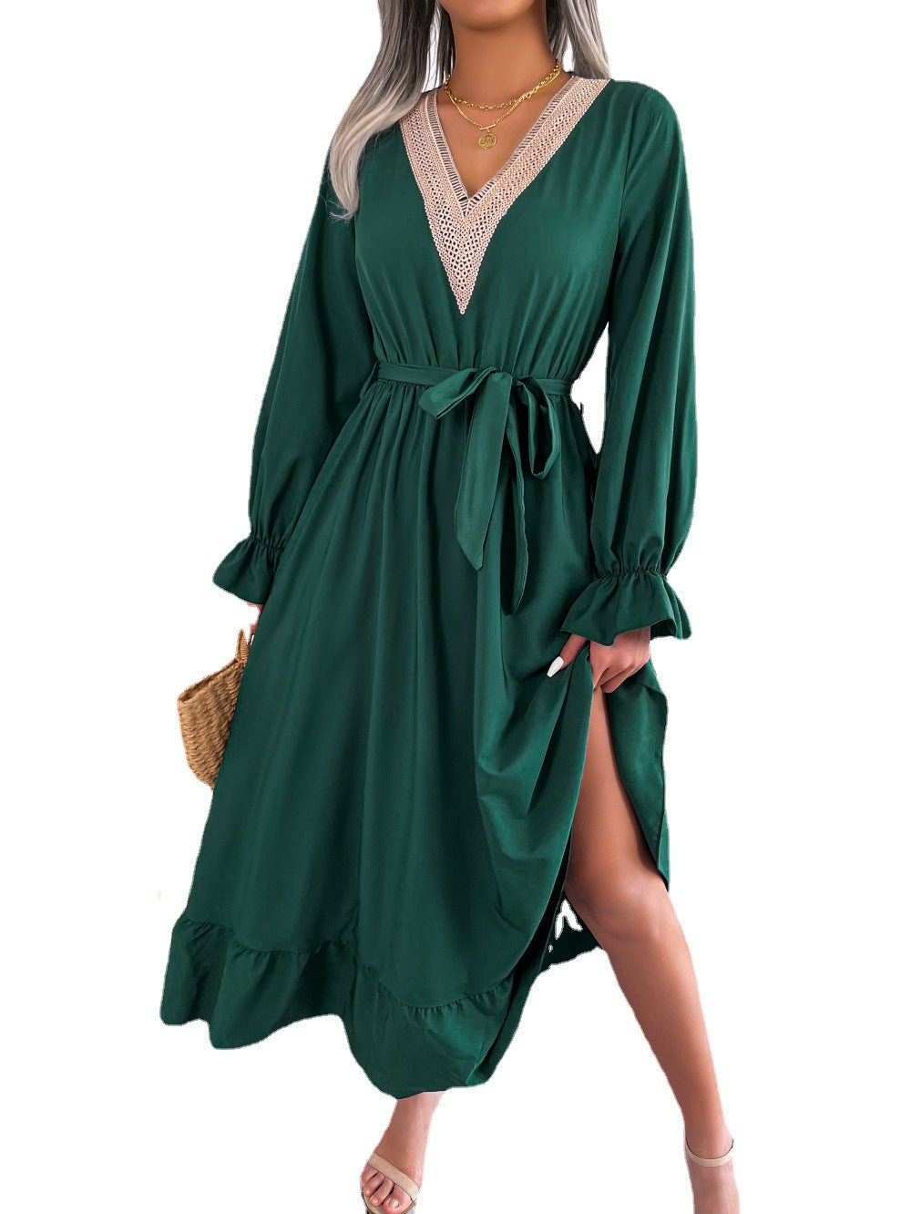 Ins Style Real Shot Spring And Summer European And American Temperament V-Neck Lace Waisted Ruffled Dress