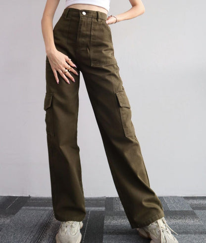 Women's Casual Pants Mid-waist Three-dimensional Pocket Pants Waist Overalls