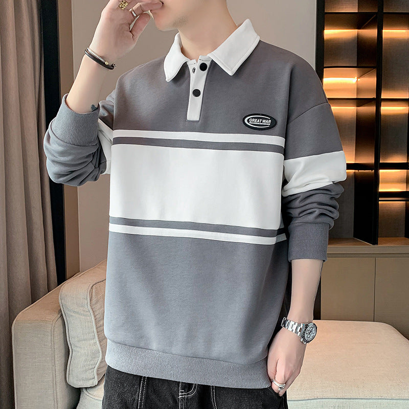 Mens Top New Mens Sweater Versatile Student Long-sleeved T-shirt Lapel Polo Shirt Sweater