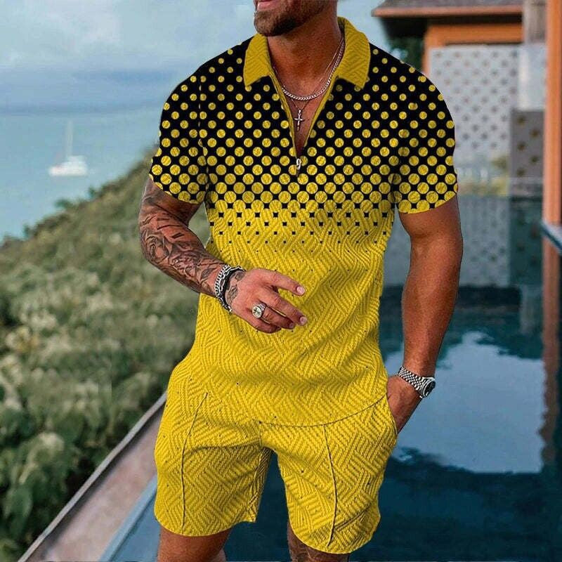 Cross-border Summer Foreign Trade Fashion Zipper Polo Shirt Suit Men&#039;s Casual 3D Printed Polo Shirt Beach Pants Suit