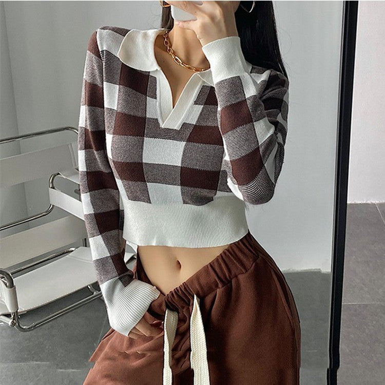 Plaid Sweater Womens Autumn Retro Slim-fit POLO Collar Bottoming Shirt Short Waist-tight Navel Top