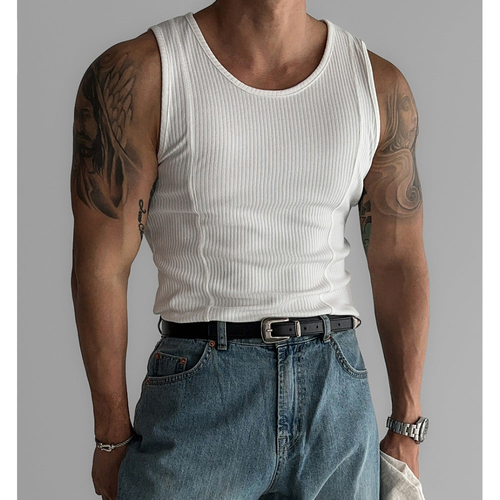 Striped Thread American Style High Elastic Tight Sports Vest Men's Summer Running Quick-drying Fitness Sleeveless Top