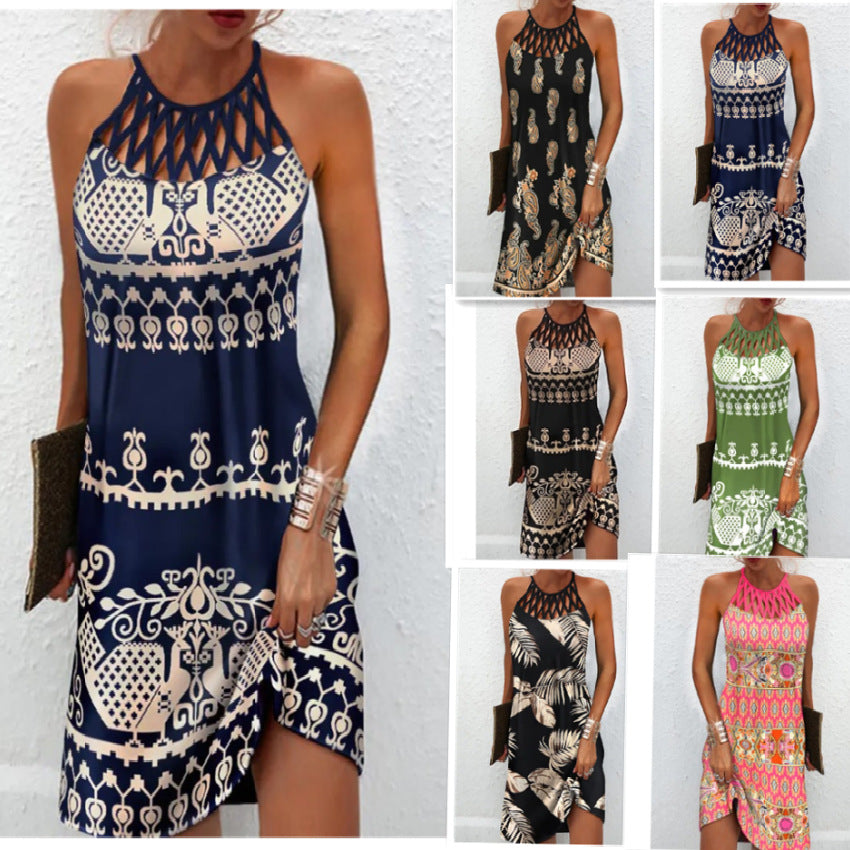 New Women's European And American Spring And Summer Round Neck Retro Hollow Collar Slim Sleeveless Halter Print Dress