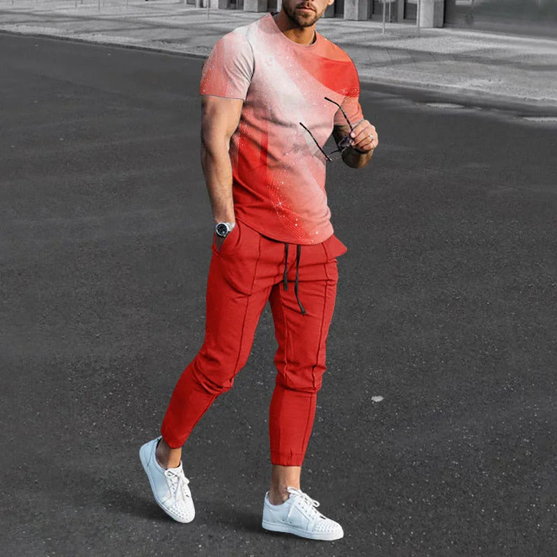 Men's Colorful Stitching Casual Sports Suit Summer Trousers Trendy Four-sided Outfit Set