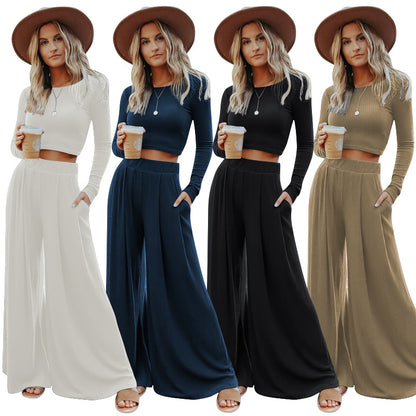 Fashion & Style Womens Long Sleeve Fashion Casual Suit Pit Knitted Wide Leg Pants