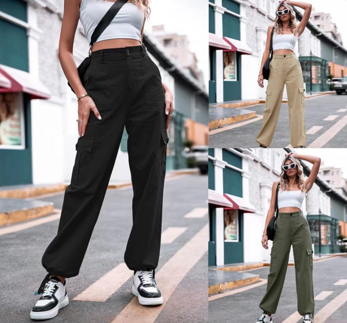 Summer New Casual Pants Womens Button High Waist Wide Leg Cargo Pants Womens Pants