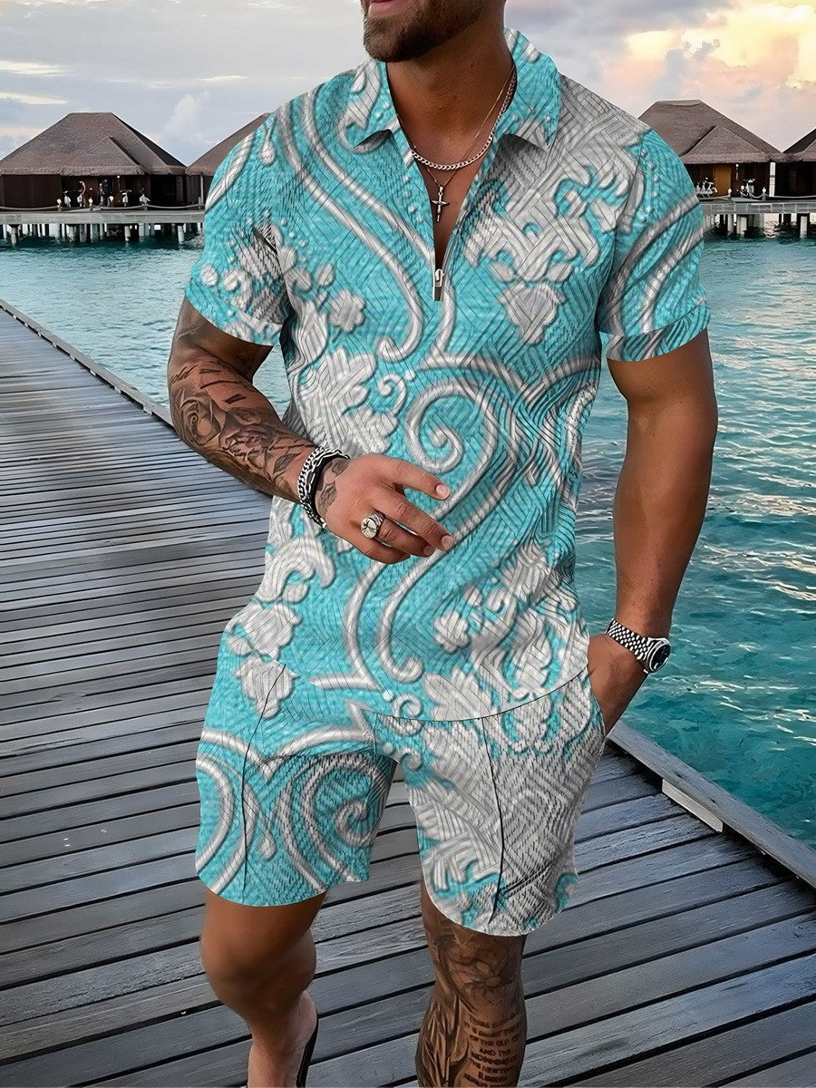 Cross-border Summer Foreign Trade Fashion Zipper Polo Shirt Suit Men&#039;s Casual 3D Printed Polo Shirt Beach Pants Suit